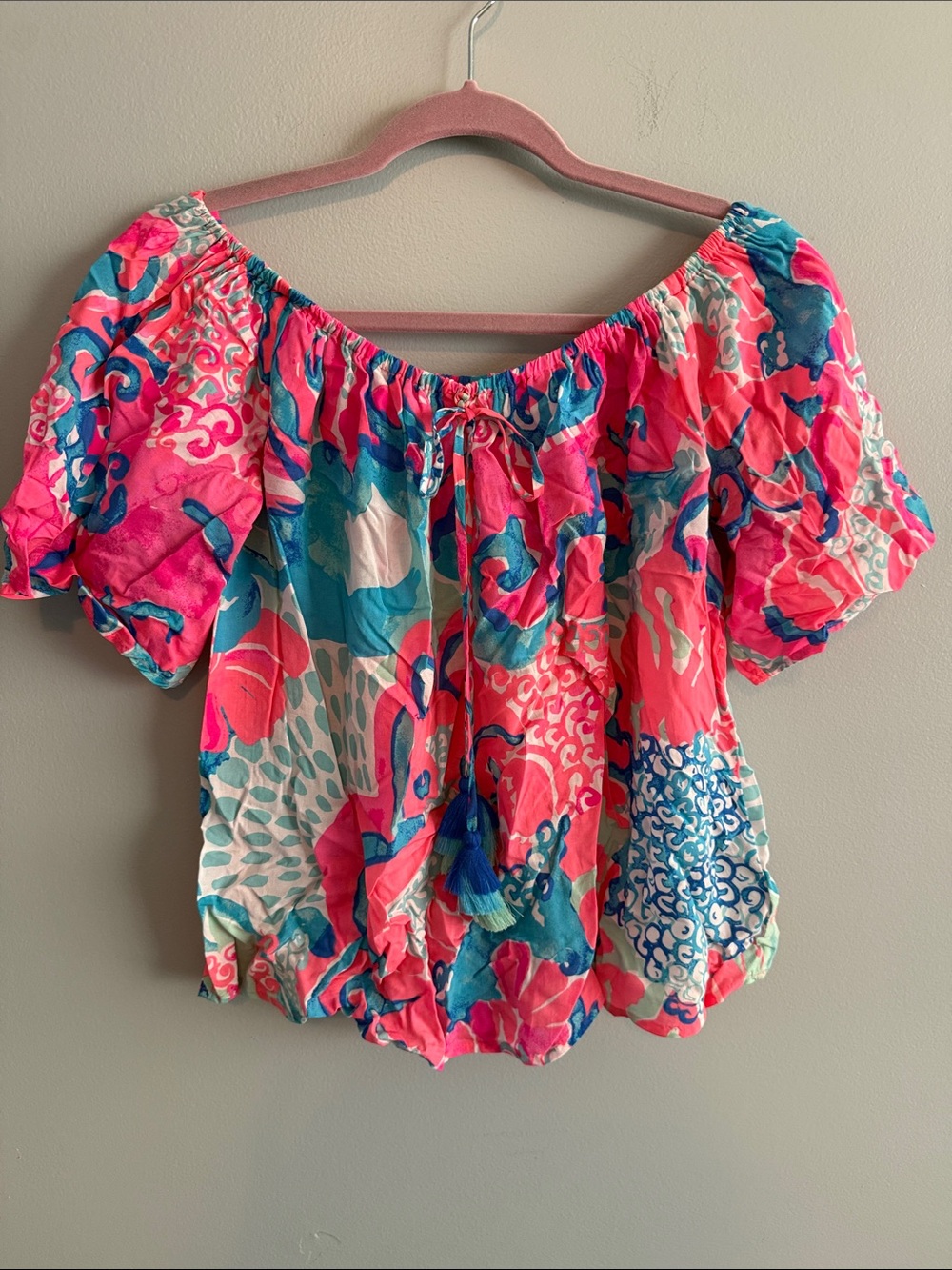 Lilly Pulitzer Pink & Teal Off-Shoulder Tassel Blouse